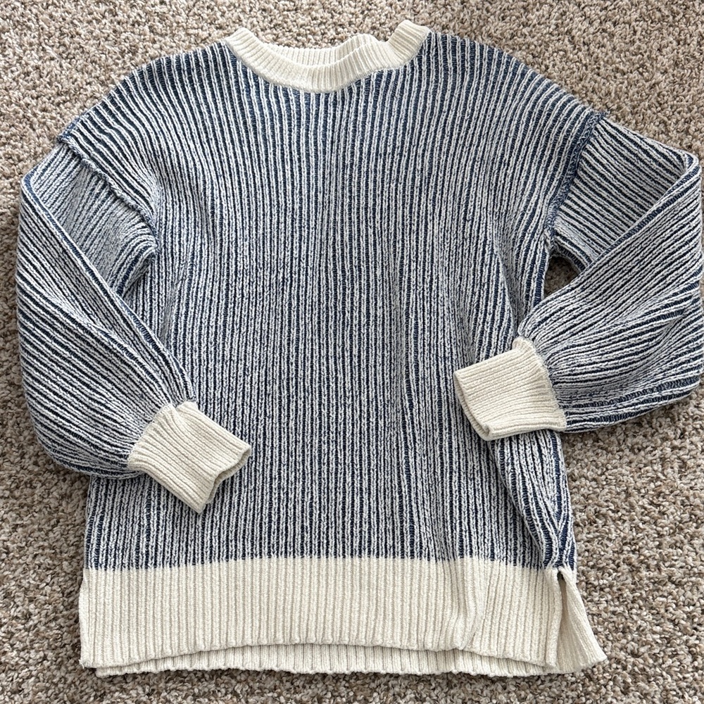 Amazon Blue and Cream Women's Crew Neck Sweater
